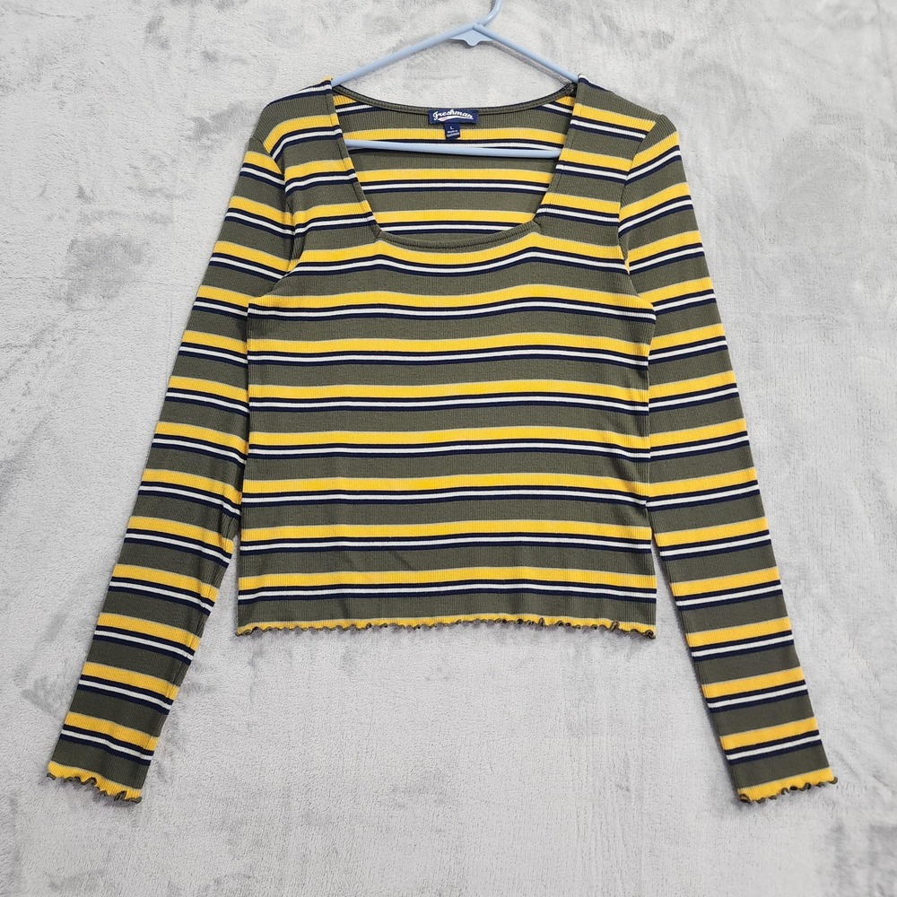 Freshman Top Womens L Juniors Green Striped Square Neck Lettuce Hem Long Sleeve